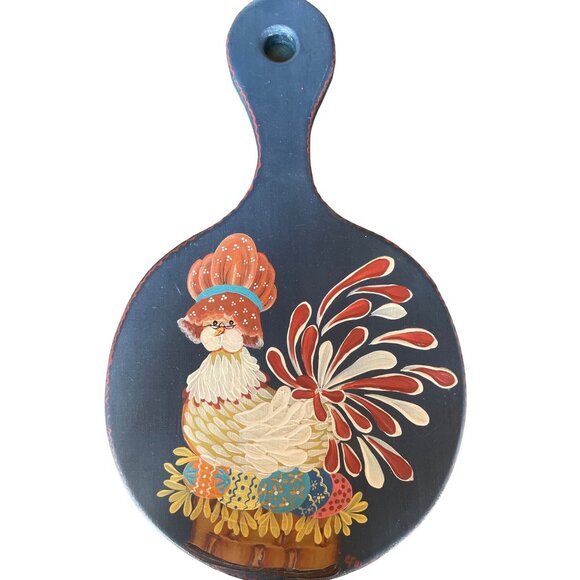 Vintage Hand-Painted Chicken-Themed Decorative Wooden Cutting Board Farm House - Picture 1 of 8